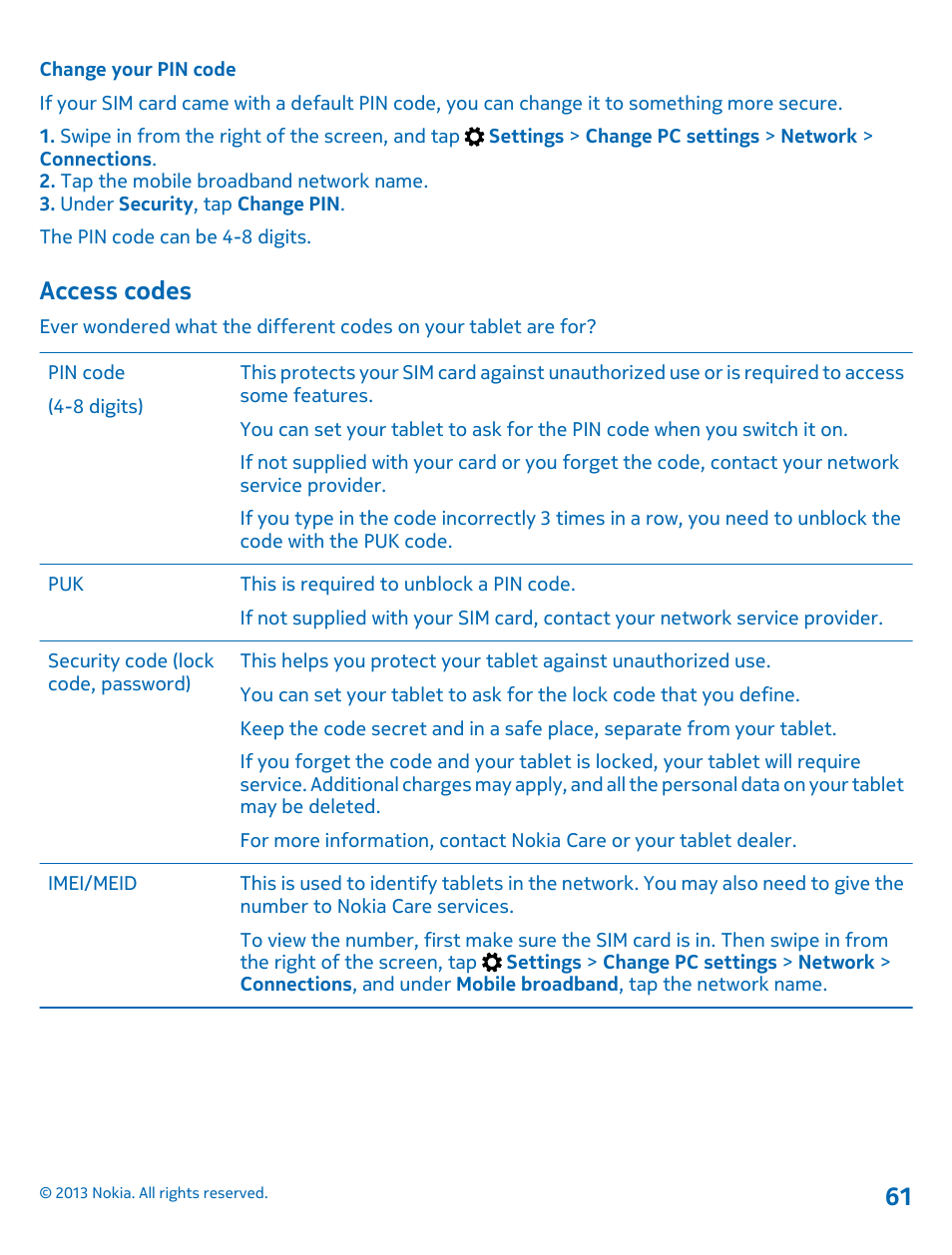 Change your pin code, Access codes | Nokia Lumia 2520 User Manual | Page 61 / 67
