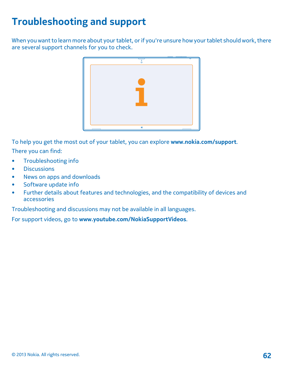 Troubleshooting and support | Nokia Lumia 2520 User Manual | Page 62 / 67