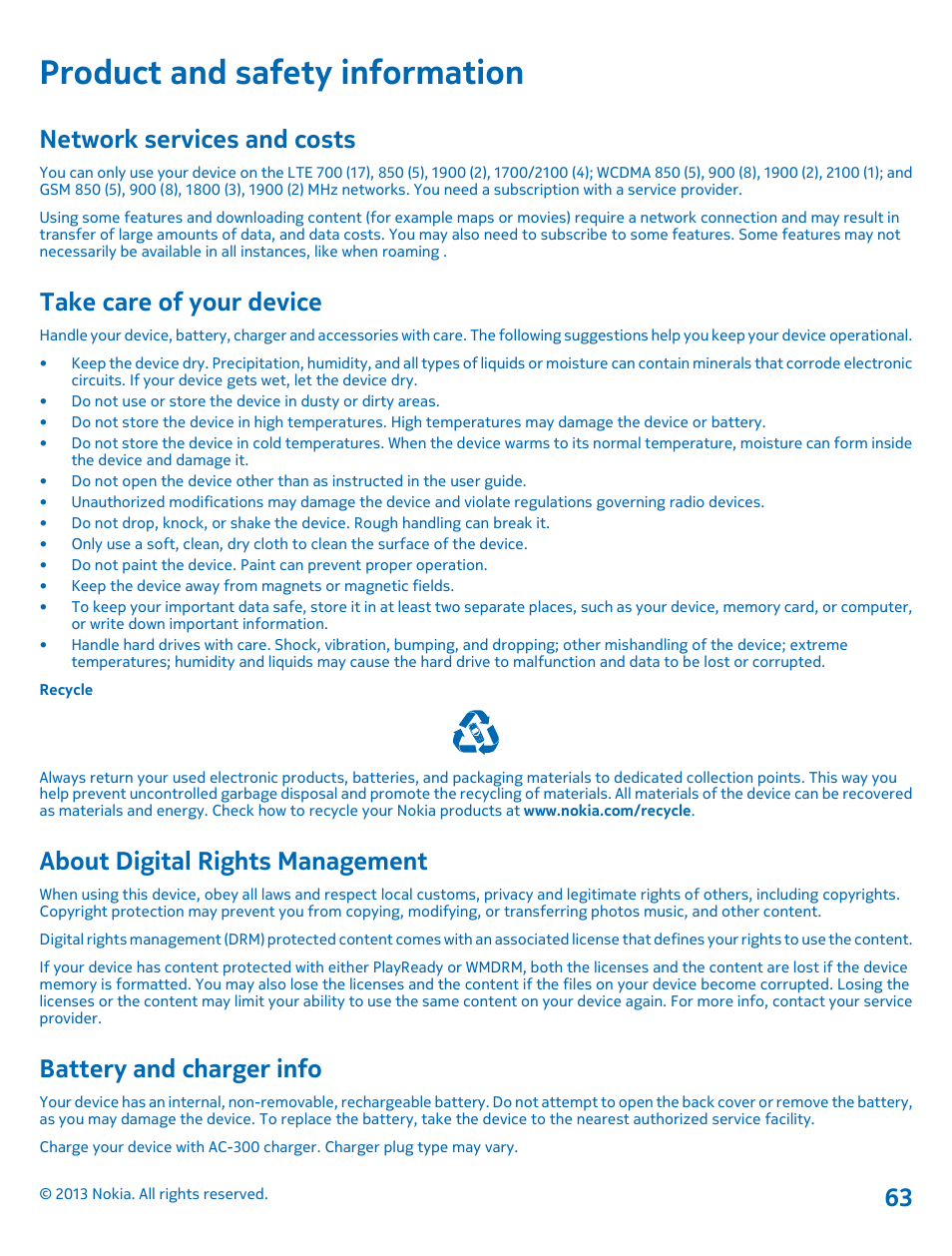 Product and safety information, Network services and costs, Take care of your device | About digital rights management, Battery and charger info | Nokia Lumia 2520 User Manual | Page 63 / 67