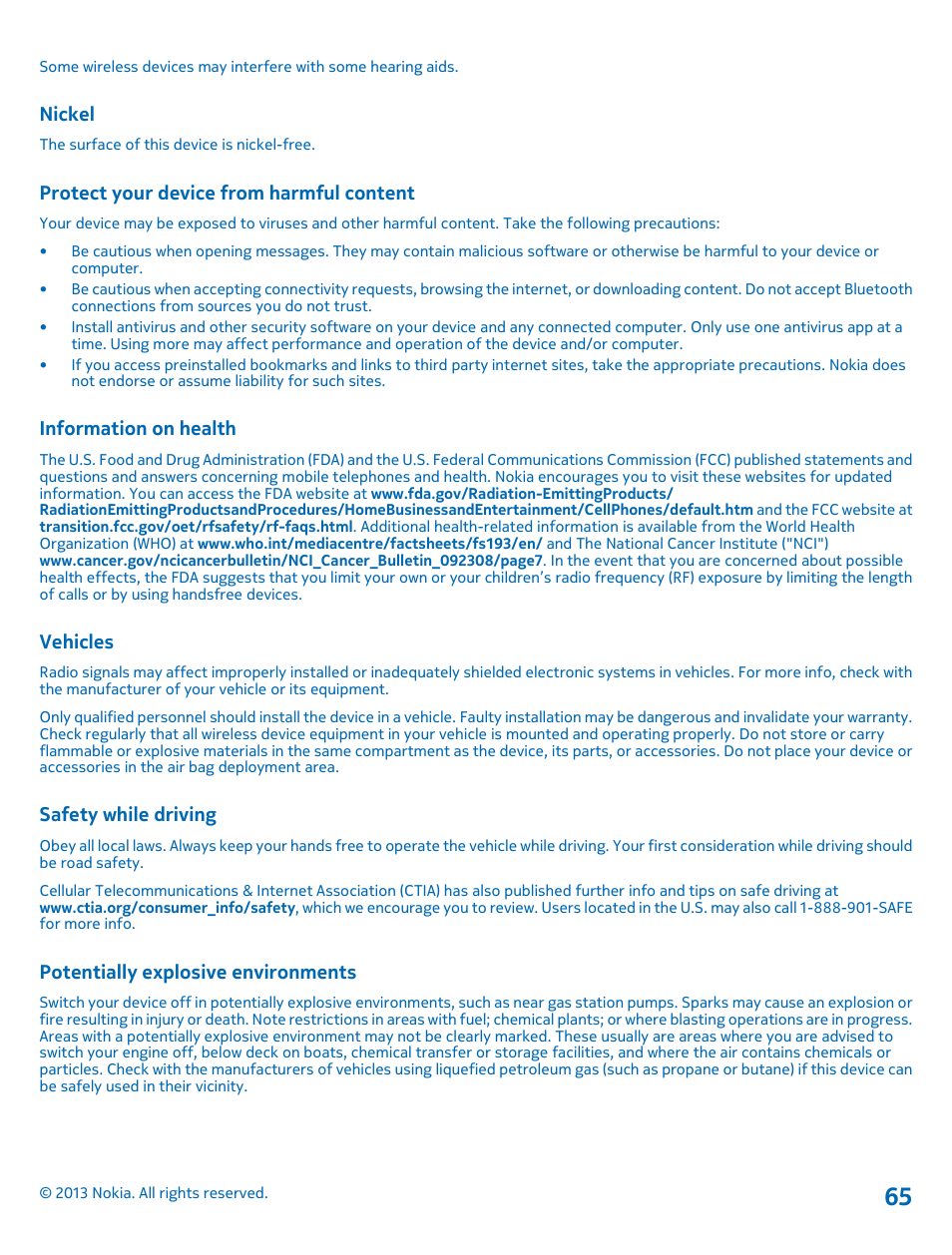 Nickel, Protect your device from harmful content, Information on health | Vehicles, Safety while driving, Potentially explosive environments | Nokia Lumia 2520 User Manual | Page 65 / 67