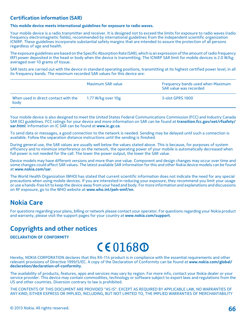 Certification information (sar), Nokia care, Copyrights and other notices | Nokia Lumia 2520 User Manual | Page 66 / 67