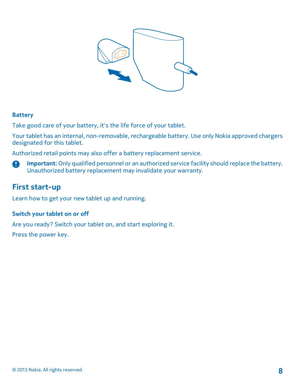Battery, First start-up, Switch your tablet on or off | Nokia Lumia 2520 User Manual | Page 8 / 67