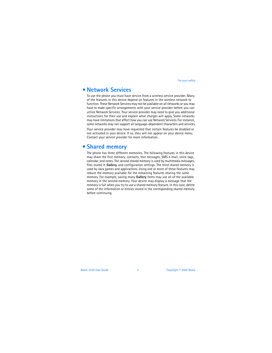 Network services, Shared memory, Network services shared memory | Nokia 3220 User Manual | Page 10 / 89