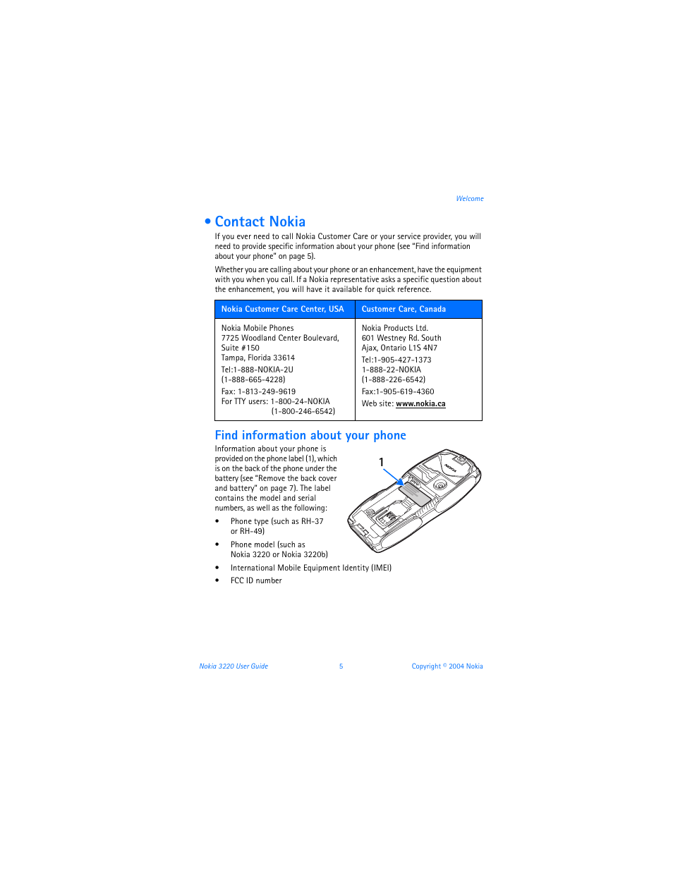 Contact nokia, Find information about your phone | Nokia 3220 User Manual | Page 12 / 89
