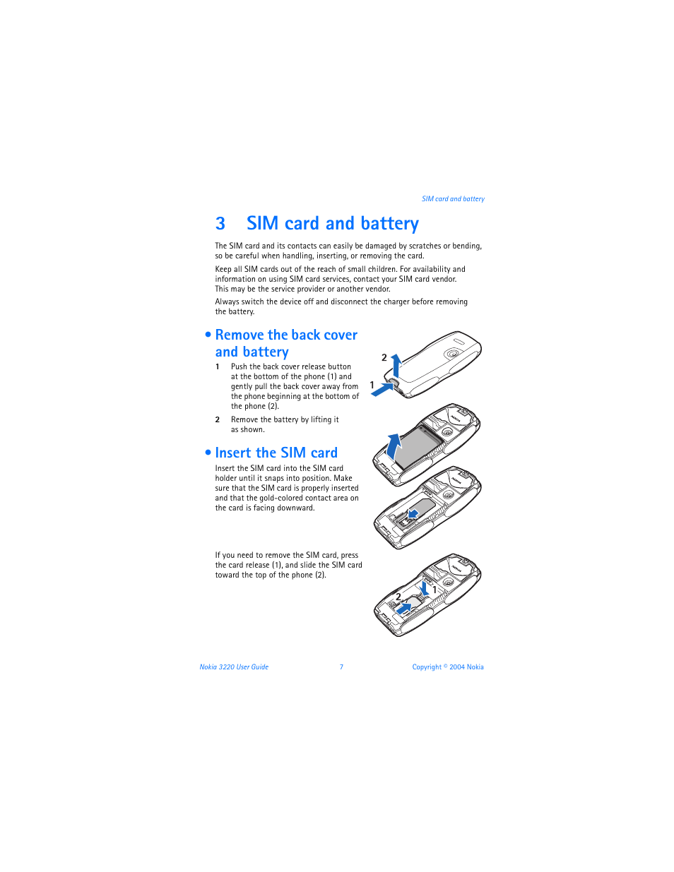 3 sim card and battery, Remove the back cover and battery, Insert the sim card | Sim card and battery, 3sim card and battery | Nokia 3220 User Manual | Page 14 / 89