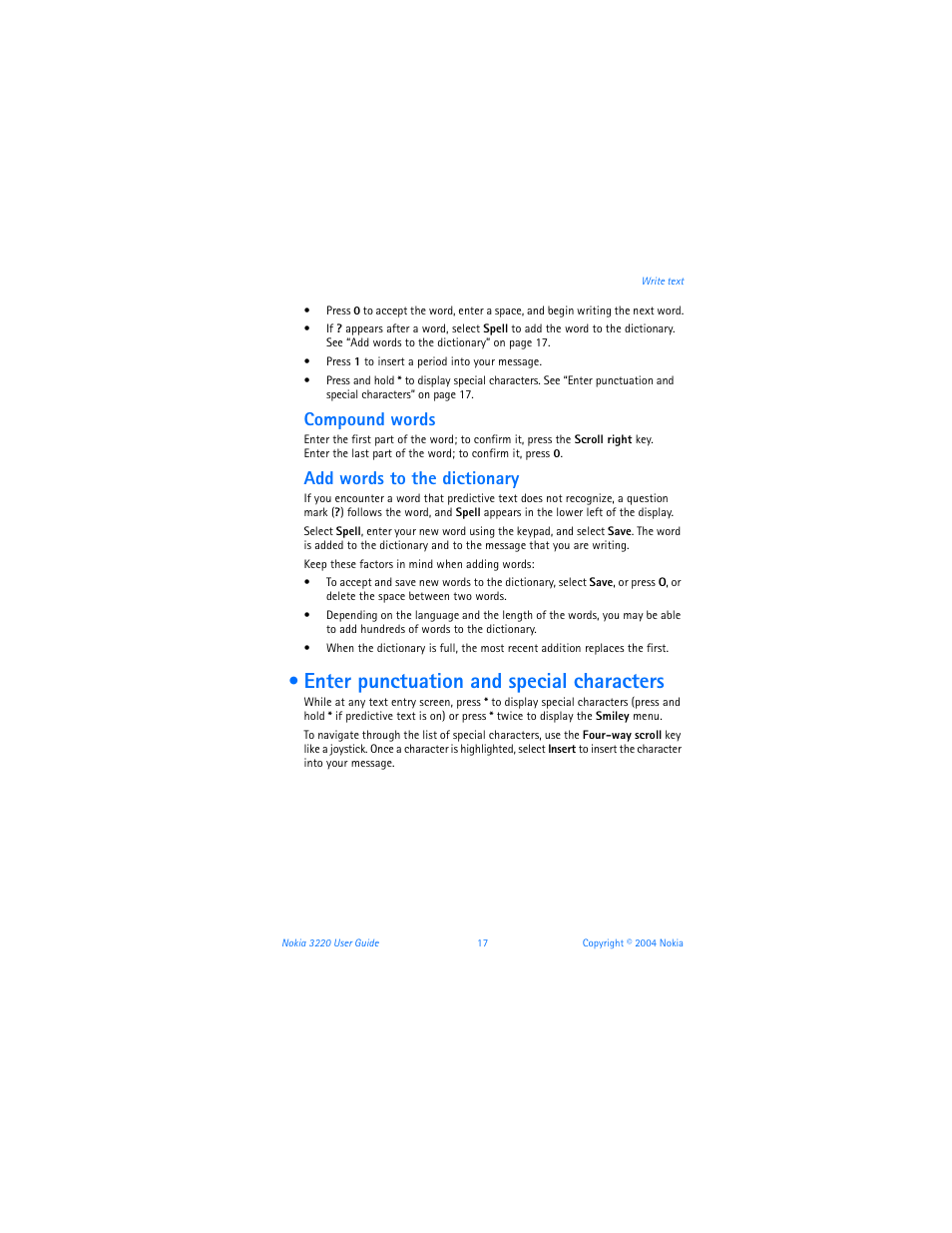 Enter punctuation and special characters, Compound words, Add words to the dictionary | Nokia 3220 User Manual | Page 24 / 89