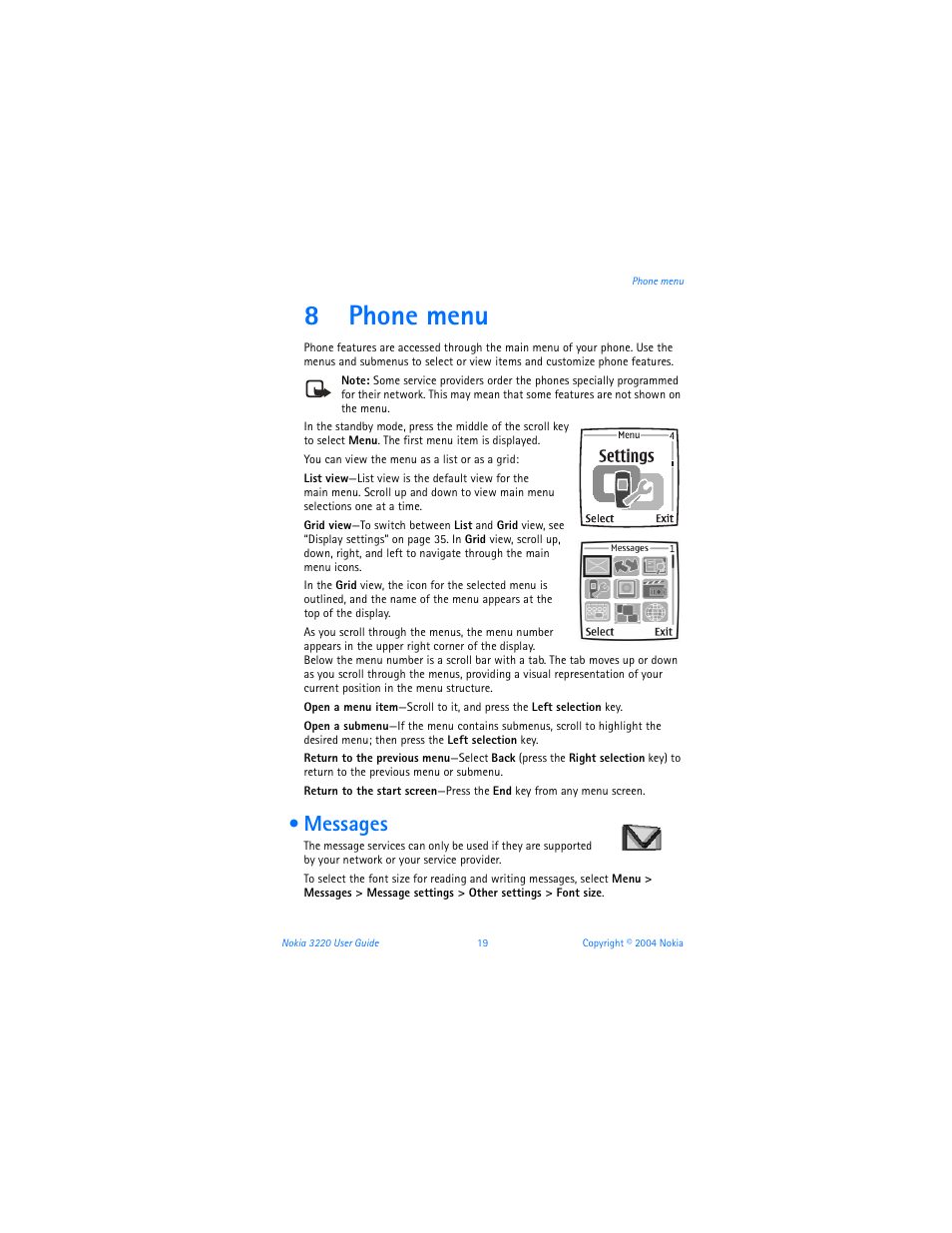 8 phone menu, Messages, Phone menu | 8phone menu | Nokia 3220 User Manual | Page 26 / 89