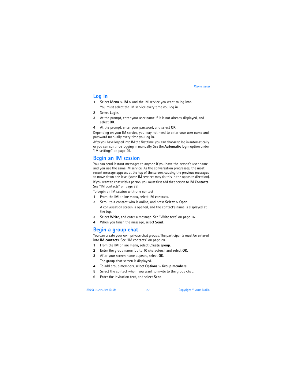 Log in, Begin an im session, Begin a group chat | Nokia 3220 User Manual | Page 34 / 89