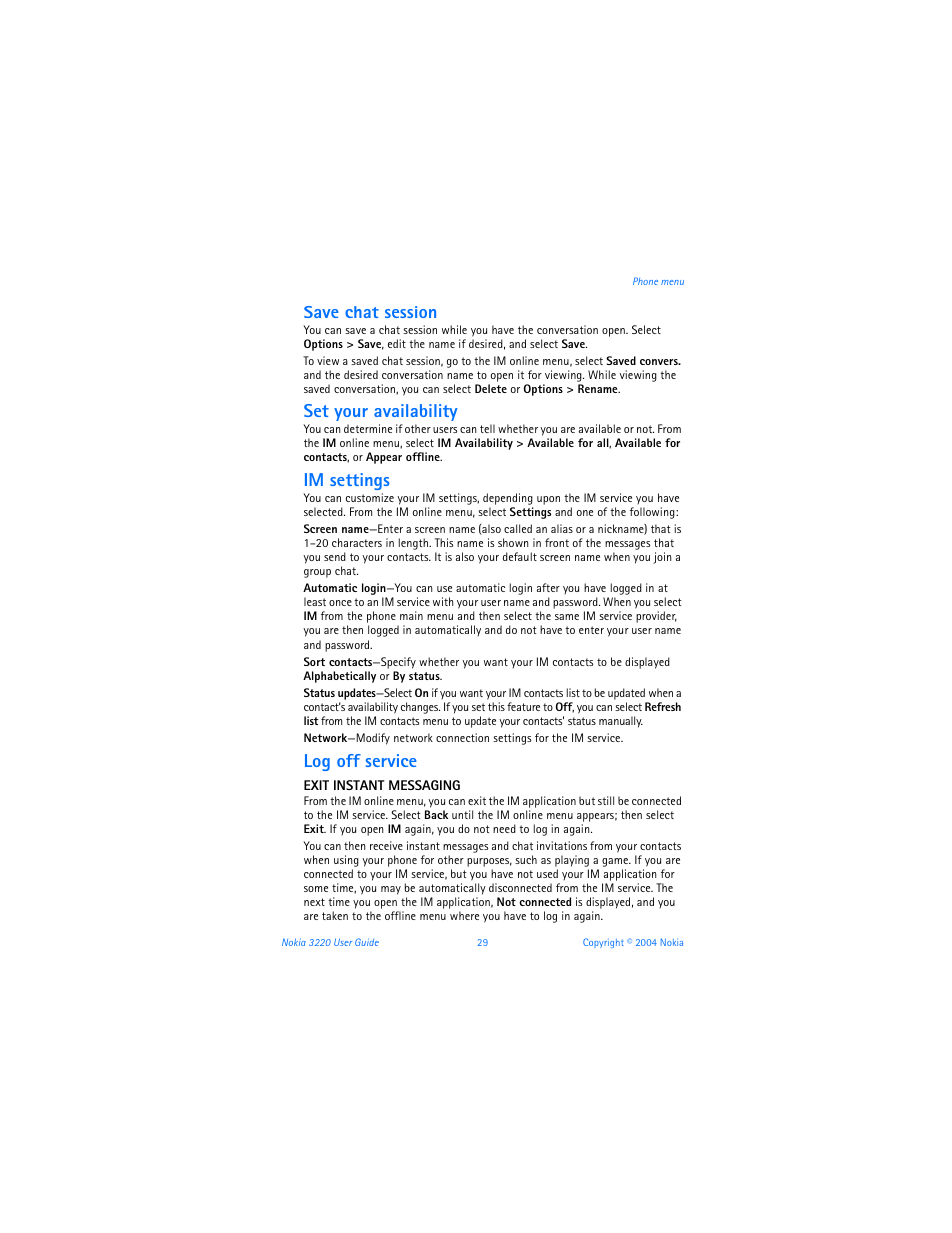 Save chat session, Set your availability, Im settings | Log off service | Nokia 3220 User Manual | Page 36 / 89
