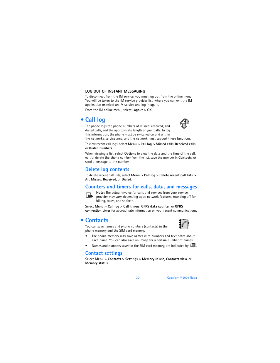 Call log, Contacts, Call log contacts | Delete log contents, Counters and timers for calls, data, and messages, Contact settings | Nokia 3220 User Manual | Page 37 / 89