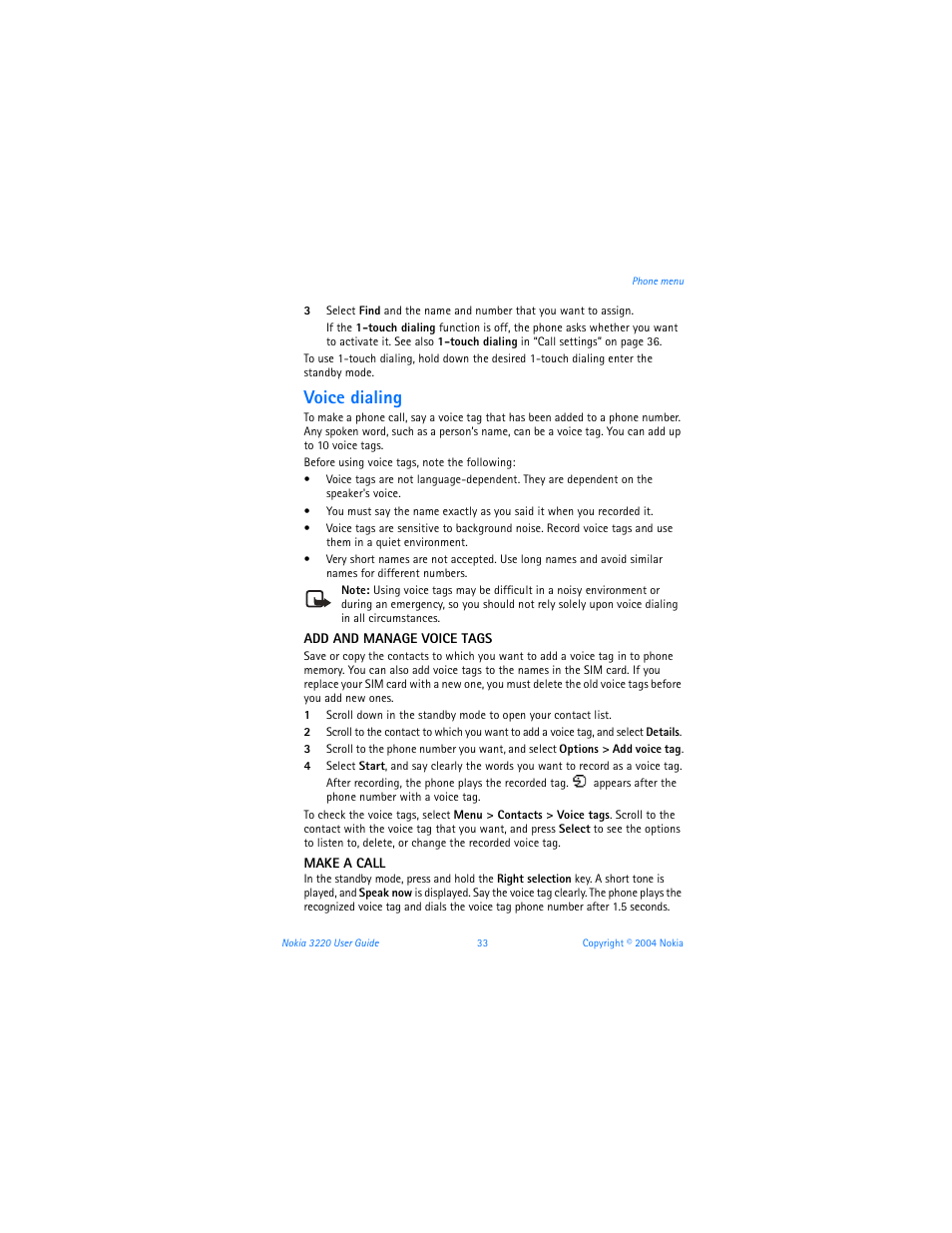 Voice dialing | Nokia 3220 User Manual | Page 40 / 89