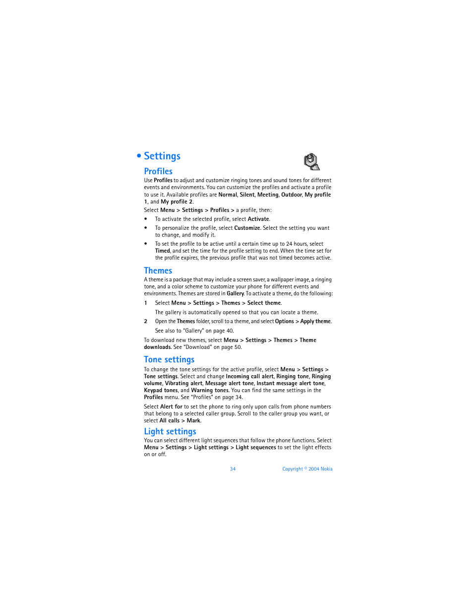 Settings, Profiles, Themes | Tone settings, Light settings | Nokia 3220 User Manual | Page 41 / 89