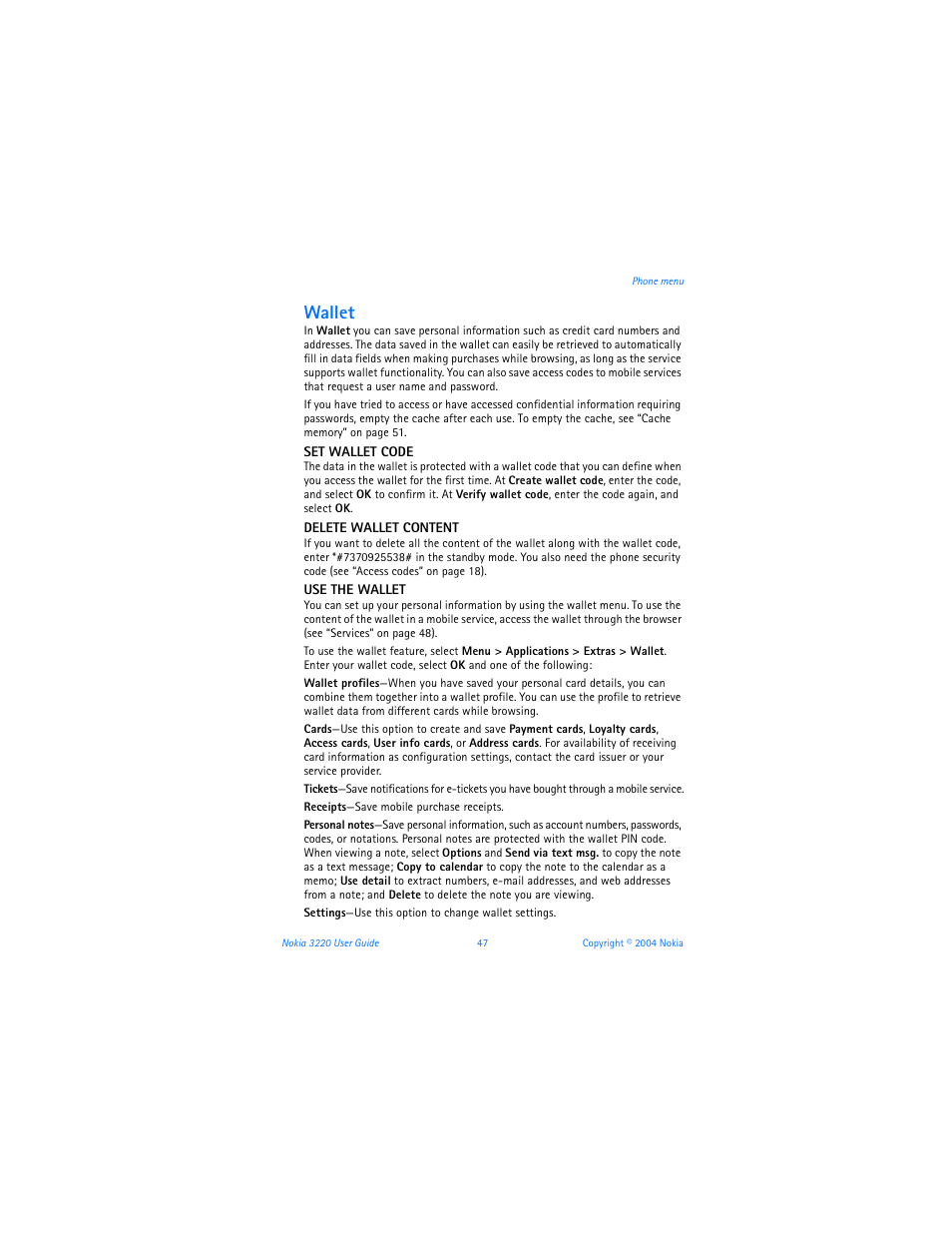 Wallet | Nokia 3220 User Manual | Page 54 / 89