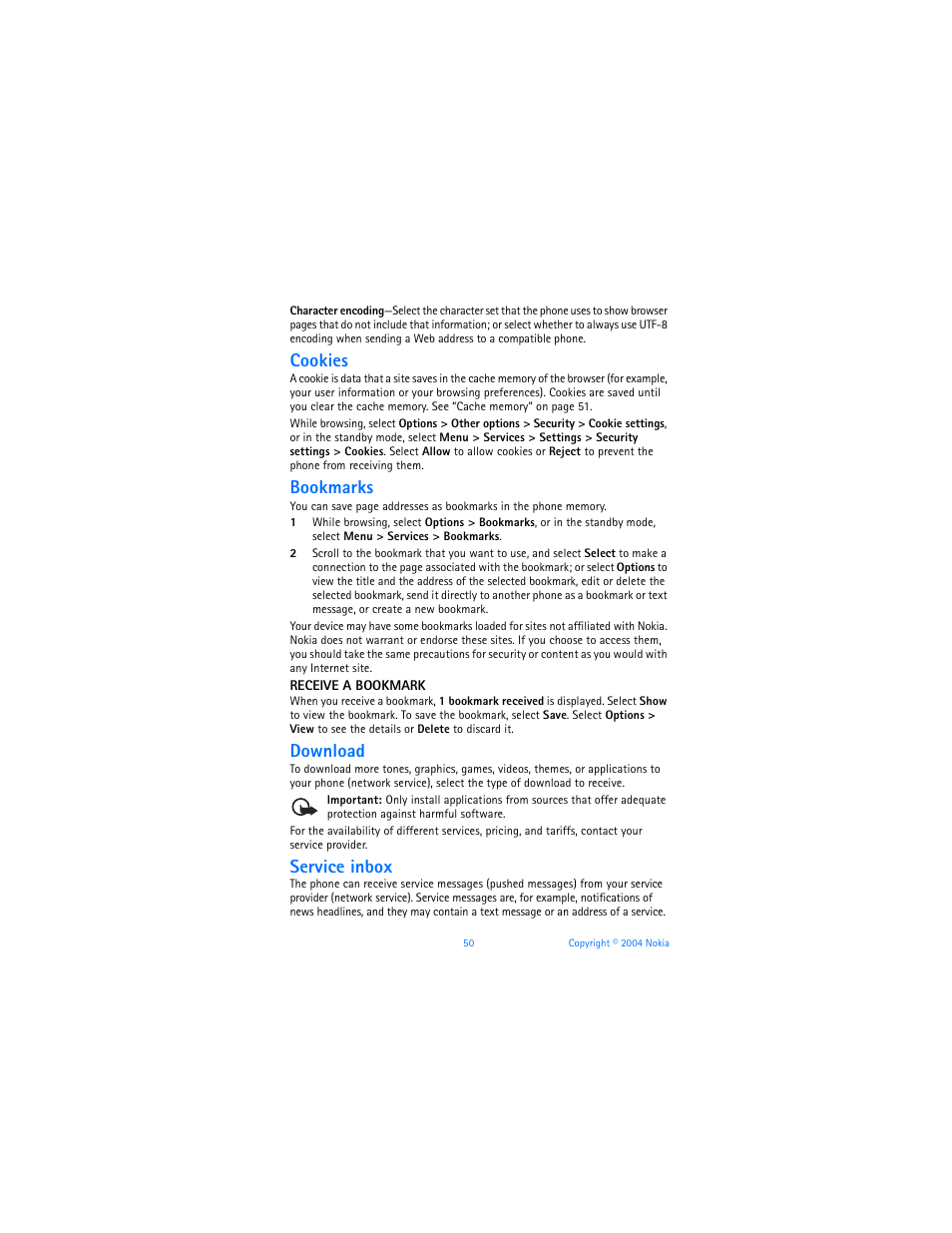 Cookies, Bookmarks, Download | Service inbox | Nokia 3220 User Manual | Page 57 / 89