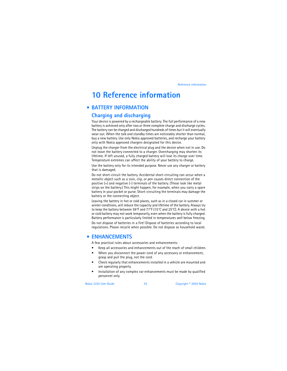 10 reference information, Battery information, Enhancements | Reference information, Battery information enhancements, Battery information charging and discharging | Nokia 3220 User Manual | Page 62 / 89