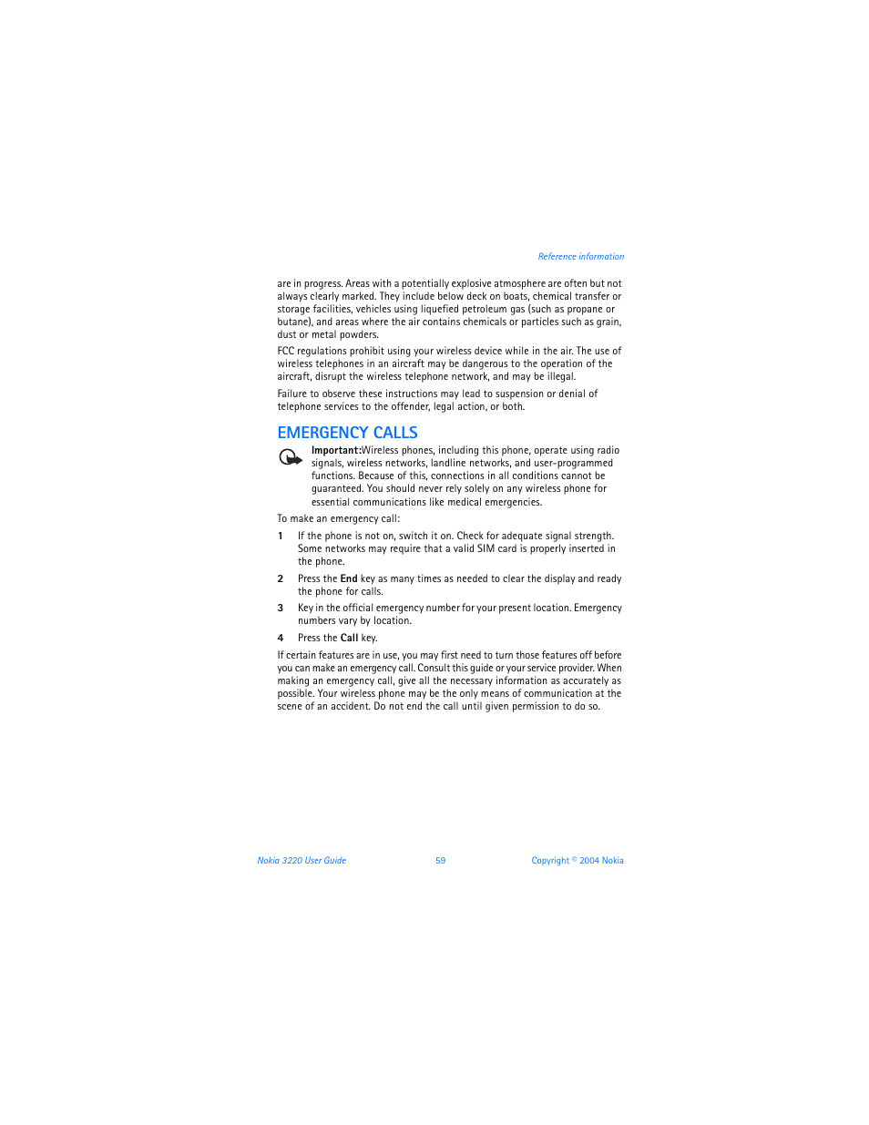 Emergency calls | Nokia 3220 User Manual | Page 66 / 89