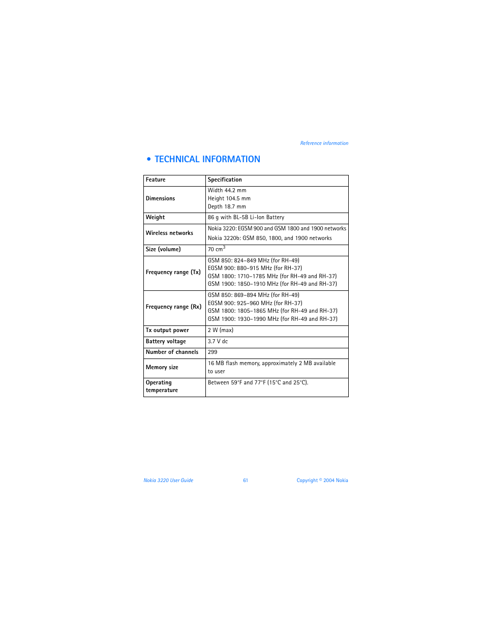 Technical information | Nokia 3220 User Manual | Page 68 / 89