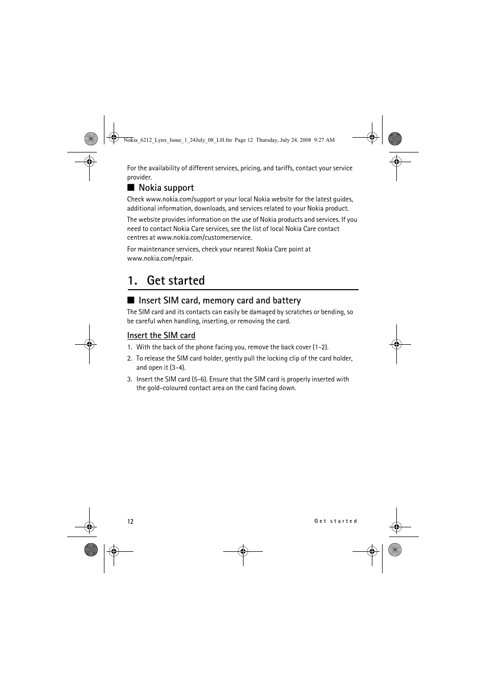 Get started, Nokia support | Nokia 6212 classic User Manual | Page 12 / 58