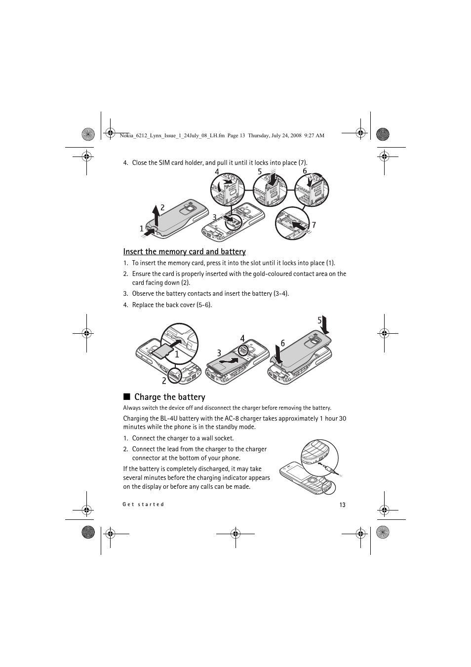 Charge the battery | Nokia 6212 classic User Manual | Page 13 / 58