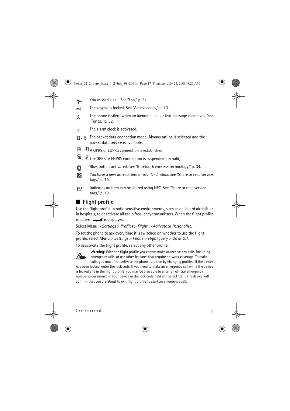 Flight profile | Nokia 6212 classic User Manual | Page 17 / 58