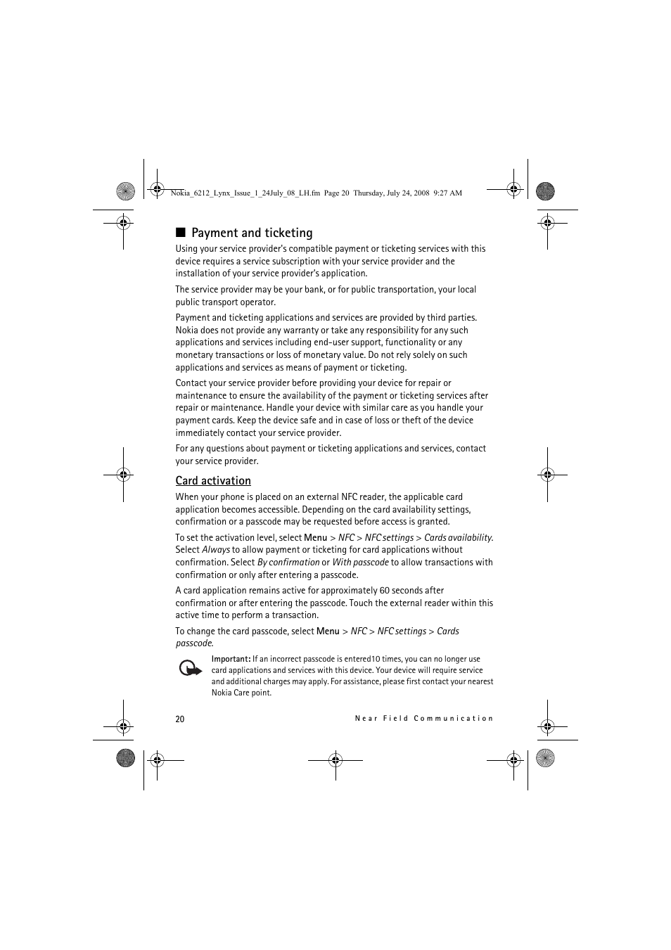 Payment and ticketing | Nokia 6212 classic User Manual | Page 20 / 58