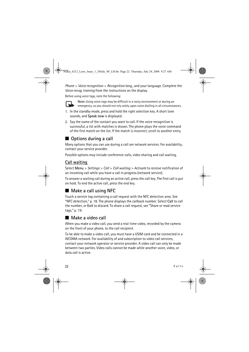 Options during a call, Make a call using nfc, Make a video call | Nokia 6212 classic User Manual | Page 22 / 58