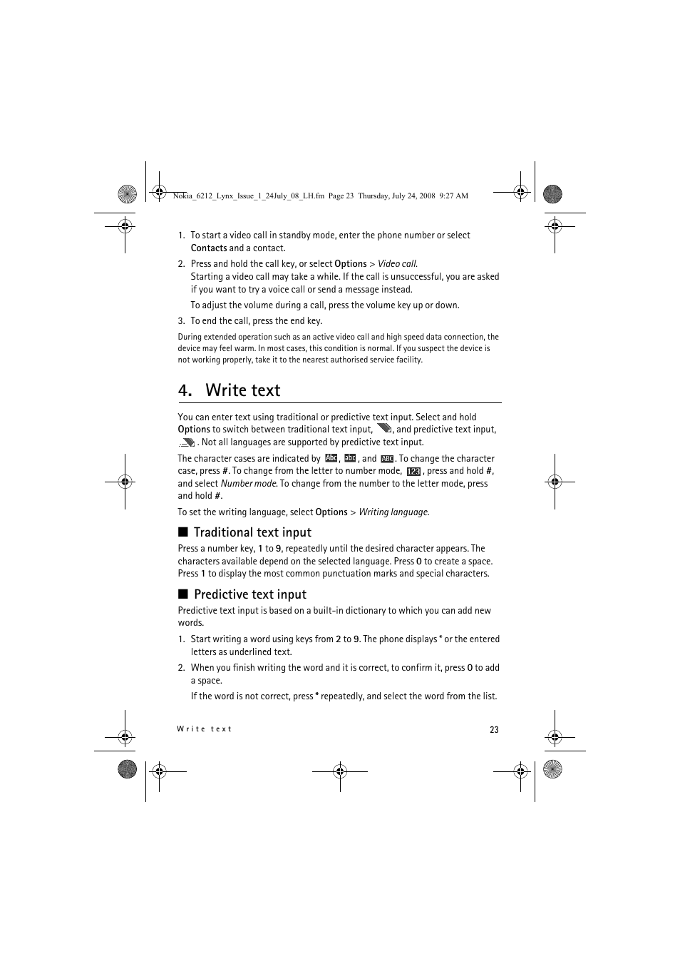 Write text, Traditional text input, Predictive text input | Nokia 6212 classic User Manual | Page 23 / 58