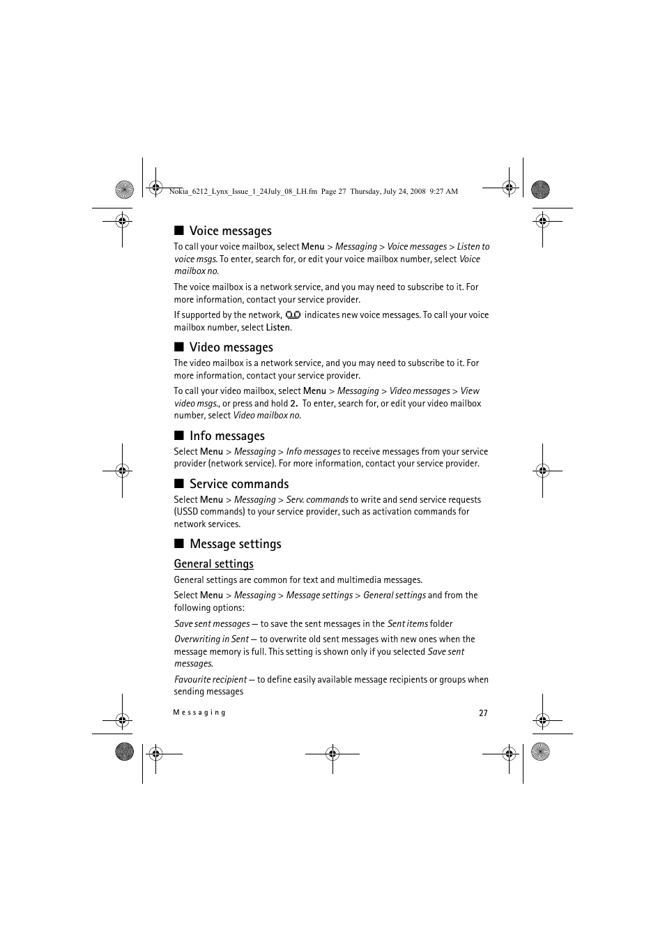 Voice messages, Video messages, Info messages | Service commands, Message settings | Nokia 6212 classic User Manual | Page 27 / 58