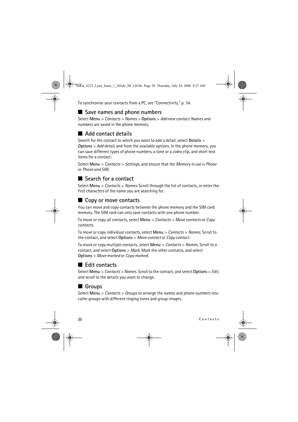 Save names and phone numbers, Add contact details, Search for a contact | Copy or move contacts, Edit contacts, Groups | Nokia 6212 classic User Manual | Page 30 / 58