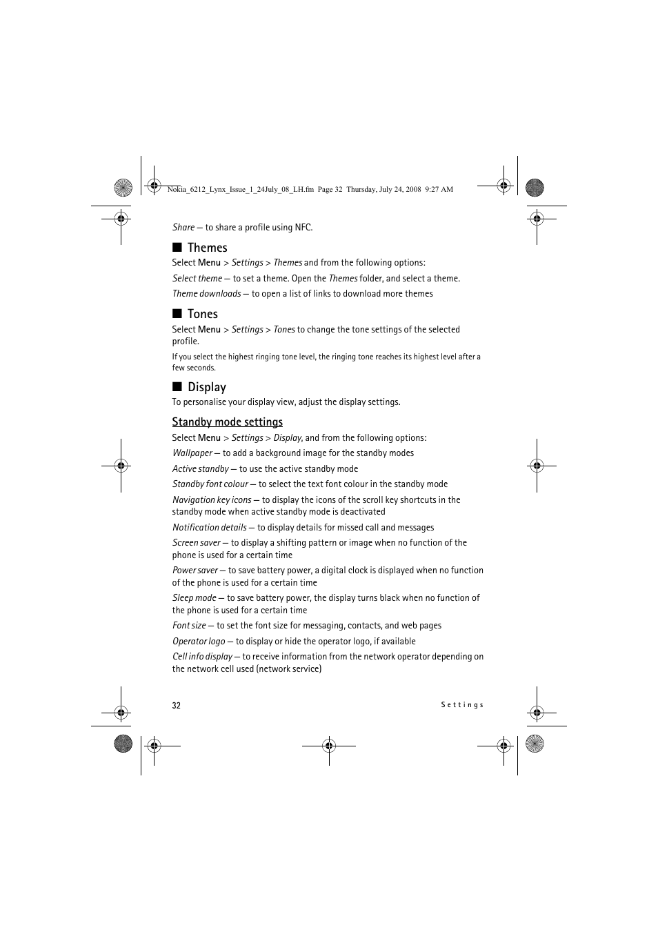 Themes, Tones, Display | Nokia 6212 classic User Manual | Page 32 / 58