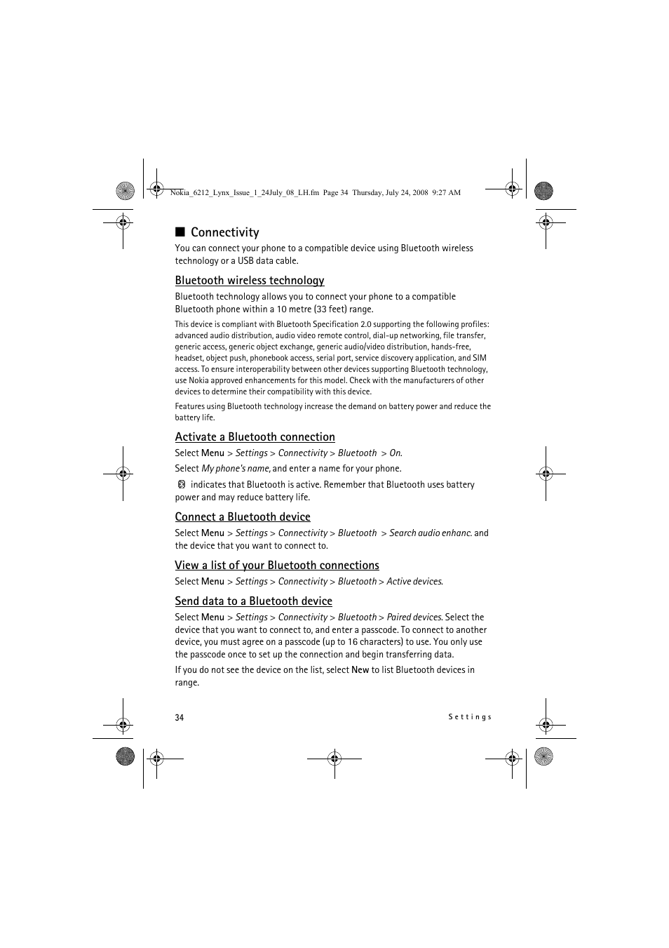 Connectivity | Nokia 6212 classic User Manual | Page 34 / 58