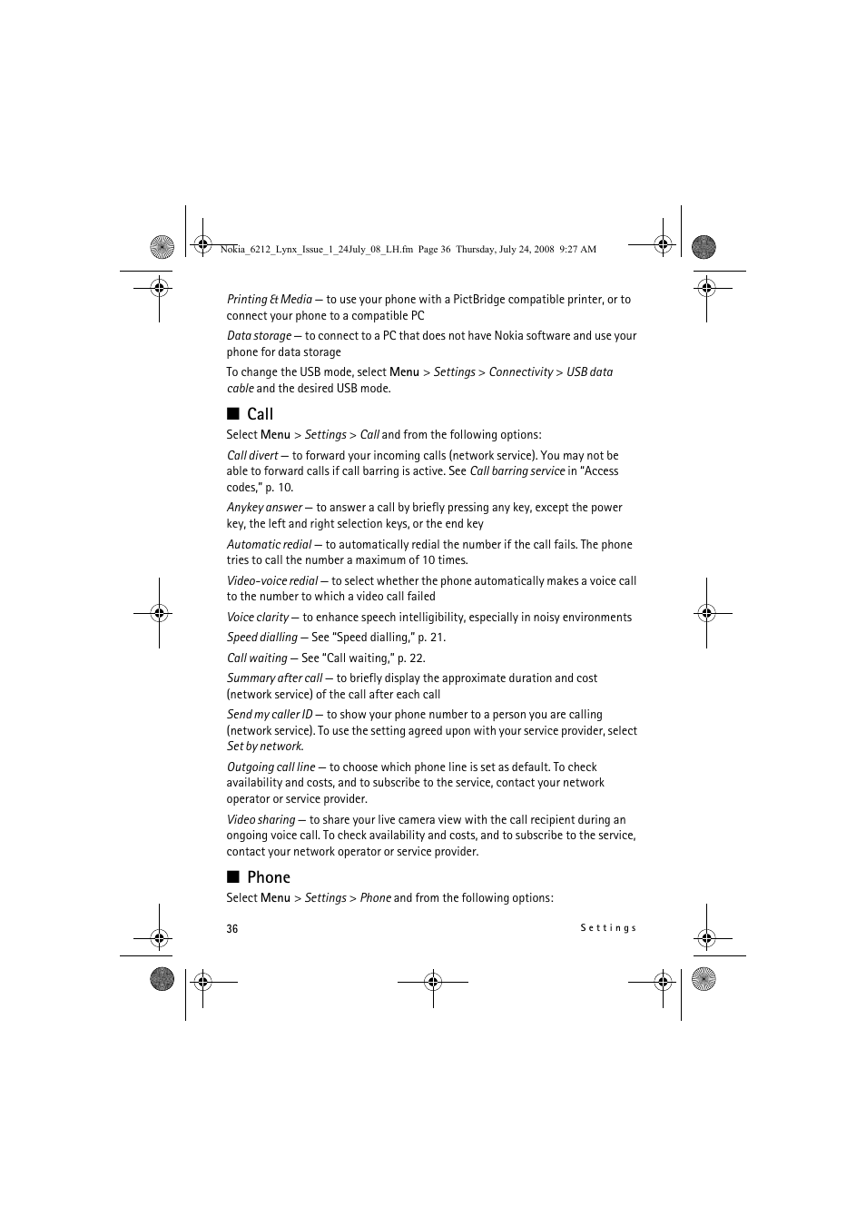 Call, Phone | Nokia 6212 classic User Manual | Page 36 / 58