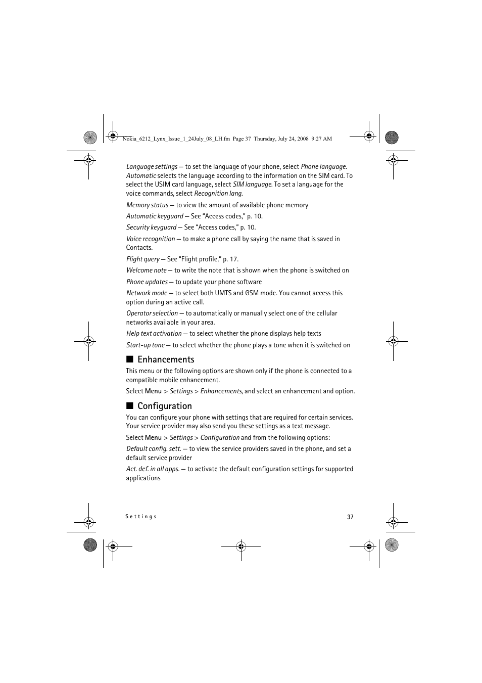 Enhancements, Configuration | Nokia 6212 classic User Manual | Page 37 / 58