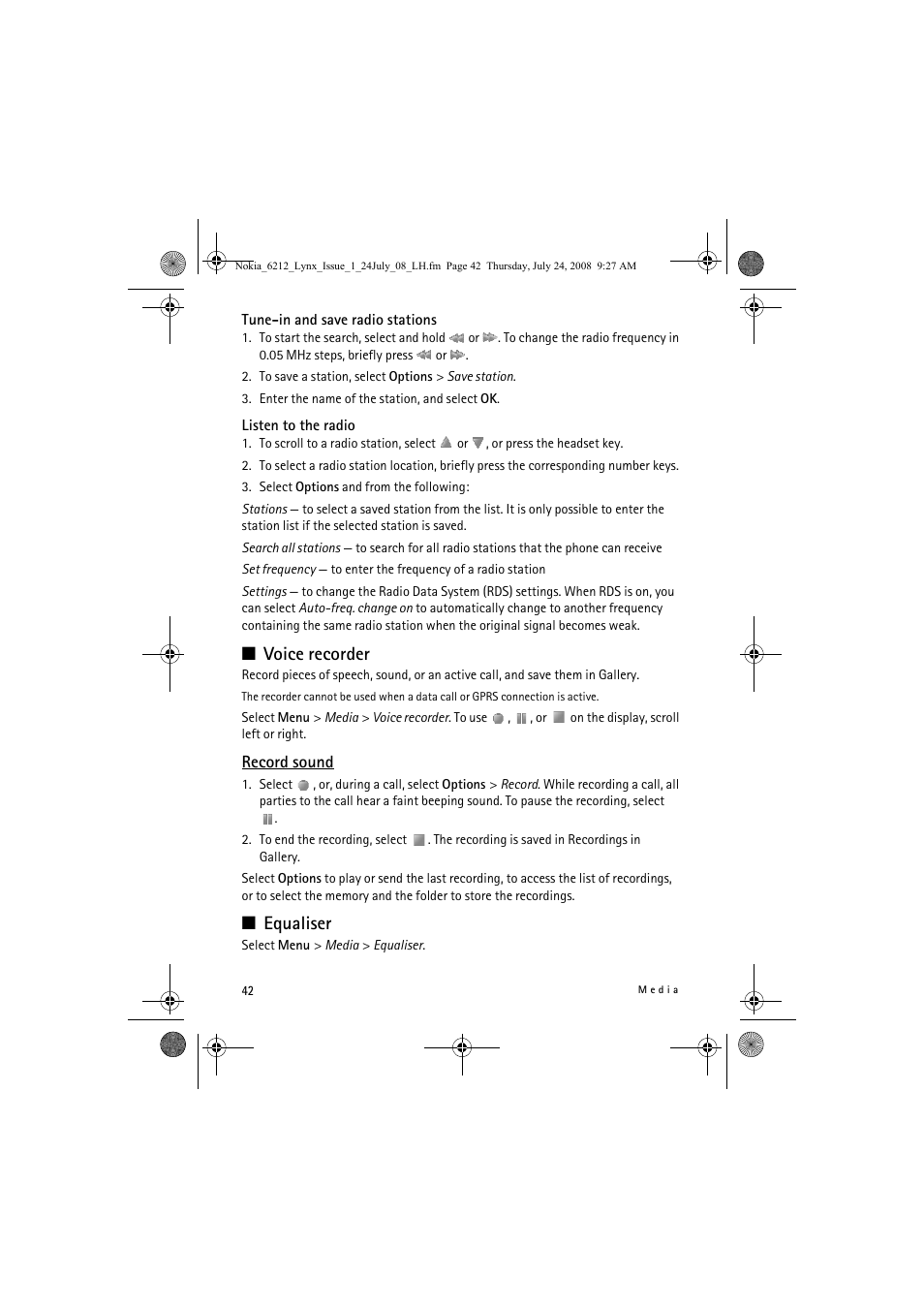 Voice recorder, Equaliser | Nokia 6212 classic User Manual | Page 42 / 58