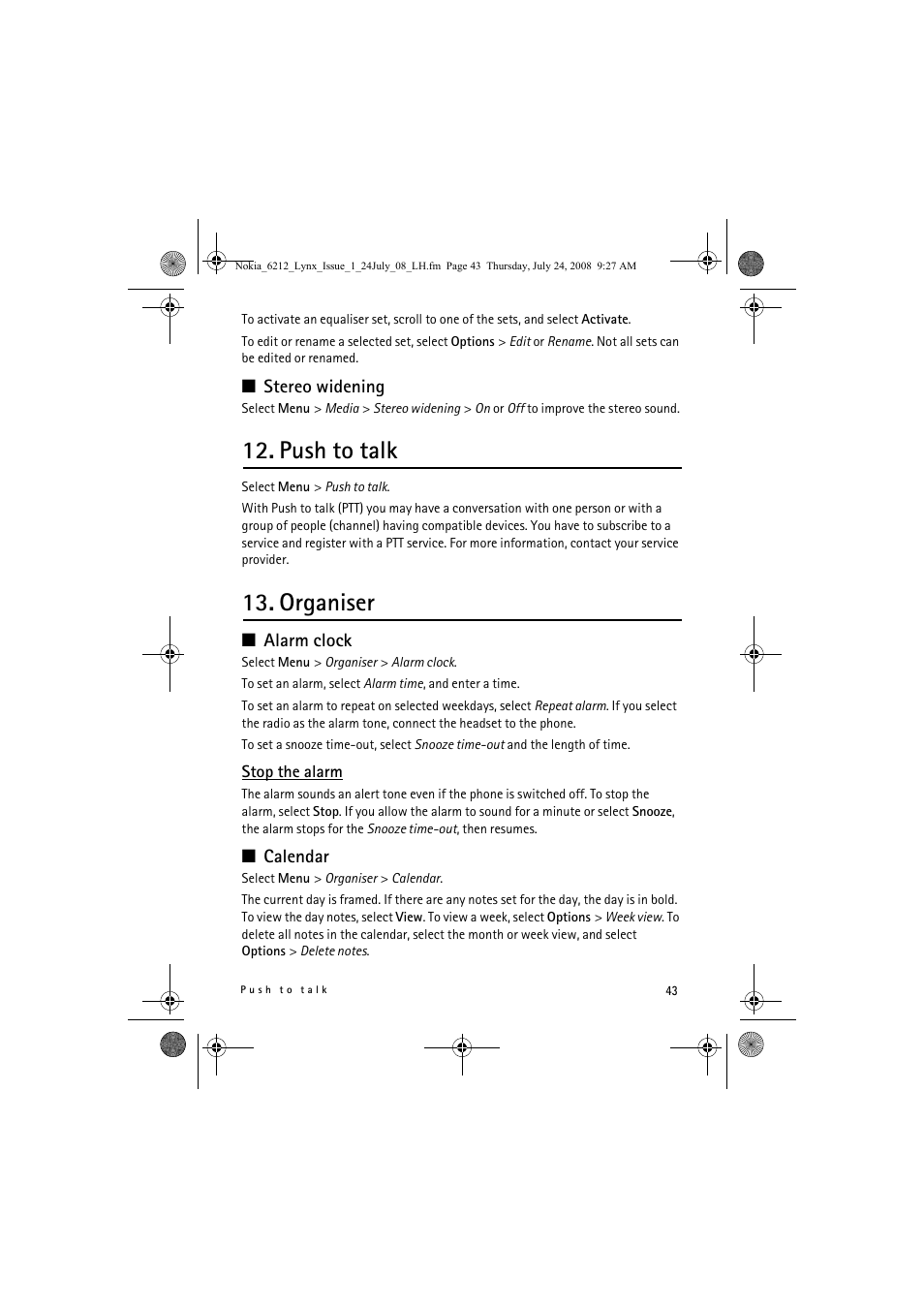 Push to talk, Organiser | Nokia 6212 classic User Manual | Page 43 / 58