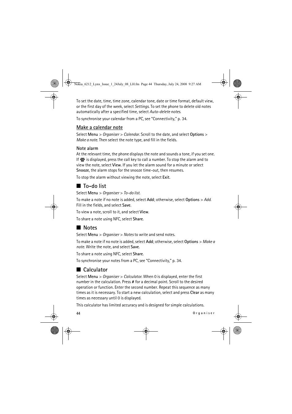 To-do list, Calculator | Nokia 6212 classic User Manual | Page 44 / 58