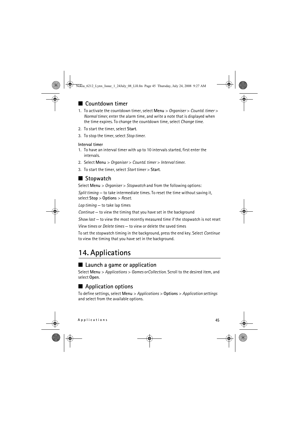 Applications, Countdown timer, Stopwatch | Launch a game or application, Application options | Nokia 6212 classic User Manual | Page 45 / 58