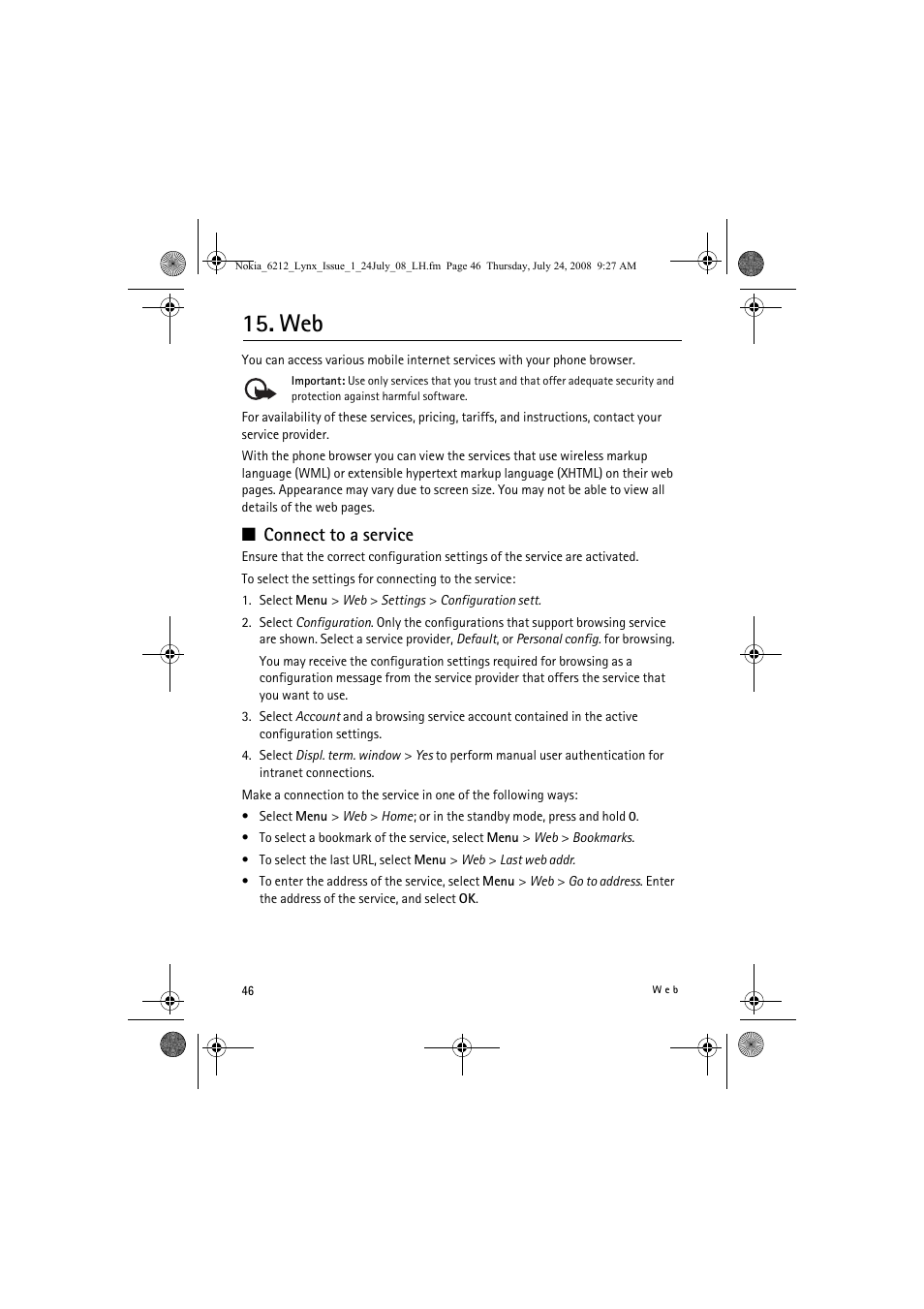 Connect to a service | Nokia 6212 classic User Manual | Page 46 / 58