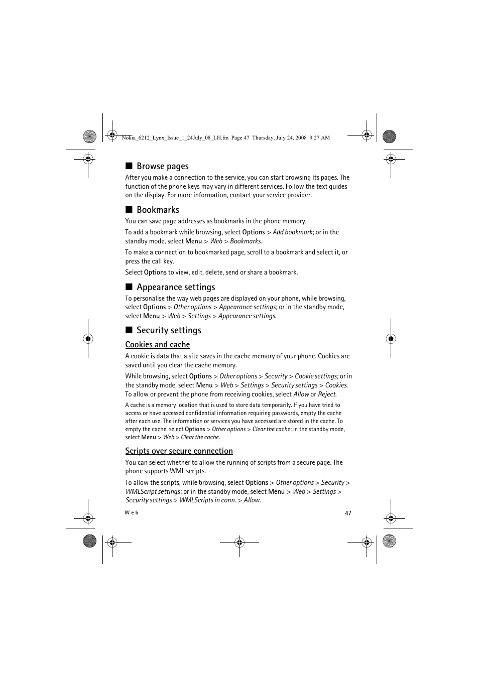Browse pages, Bookmarks, Appearance settings | Security settings | Nokia 6212 classic User Manual | Page 47 / 58
