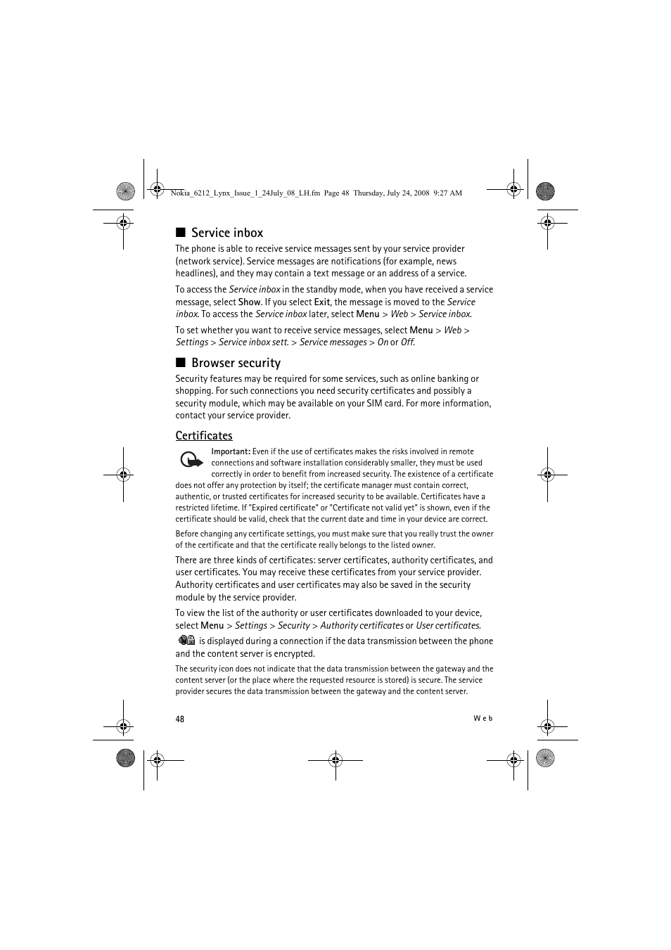 Service inbox, Browser security | Nokia 6212 classic User Manual | Page 48 / 58