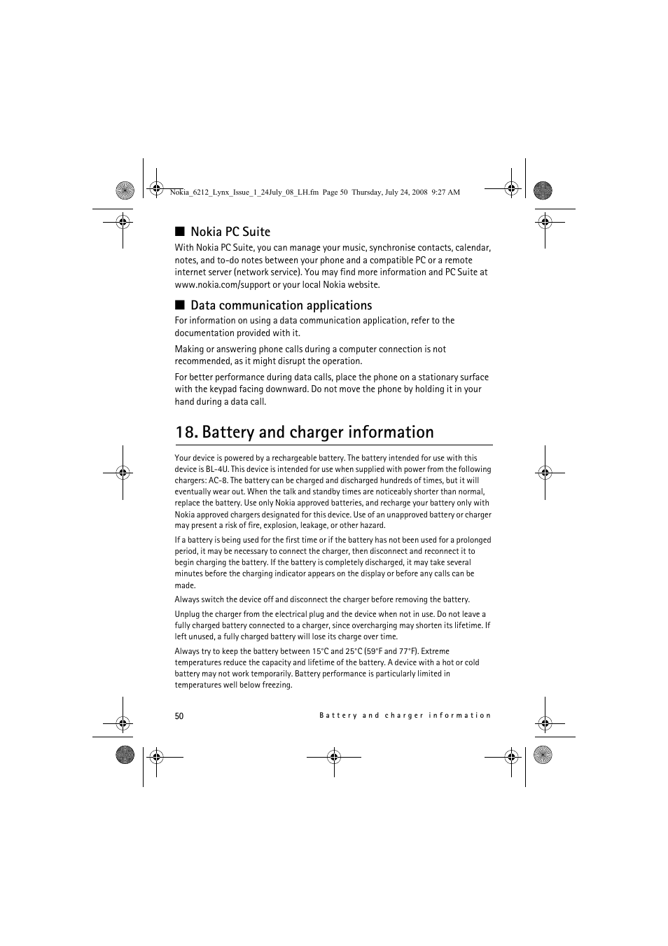 Battery and charger information, Nokia pc suite, Data communication applications | Nokia 6212 classic User Manual | Page 50 / 58