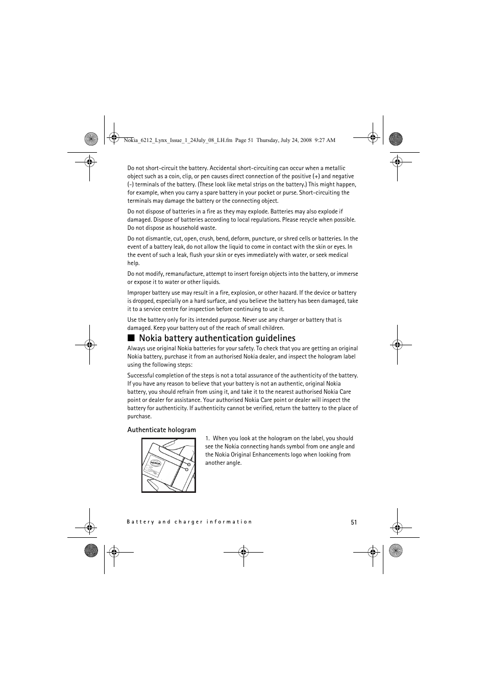 Nokia battery authentication guidelines | Nokia 6212 classic User Manual | Page 51 / 58