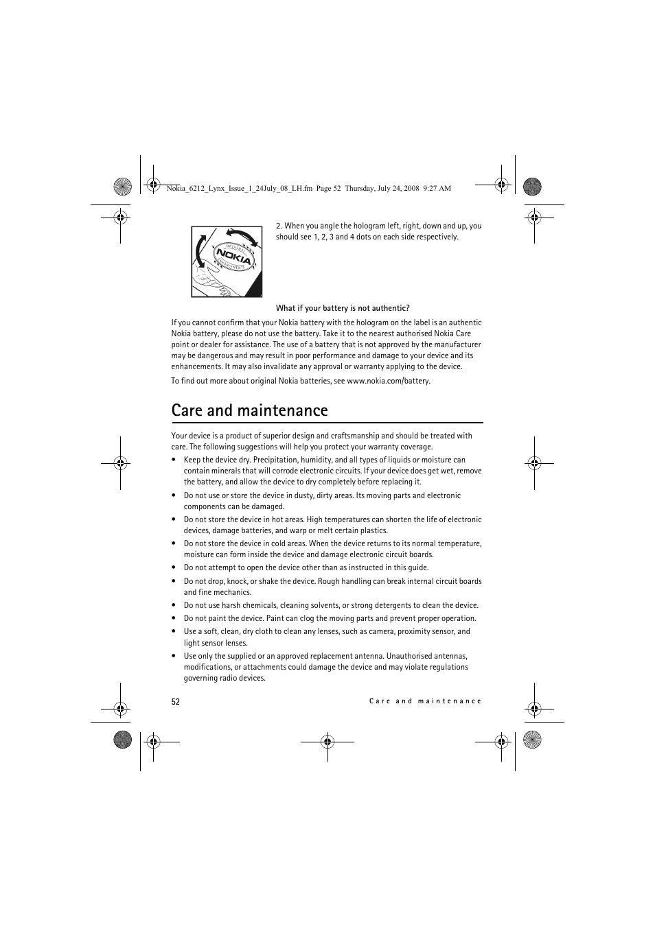 Care and maintenance | Nokia 6212 classic User Manual | Page 52 / 58