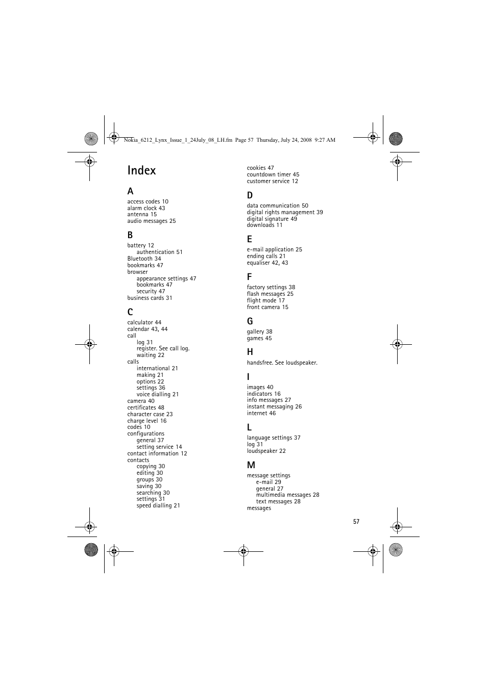 Index | Nokia 6212 classic User Manual | Page 57 / 58