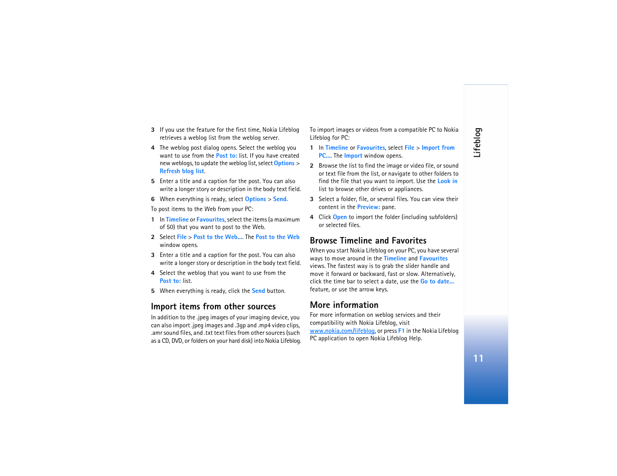 Lif eb lo g, Import items from other sources, Browse timeline and favorites | More information | Nokia N75 User Manual | Page 11 / 24