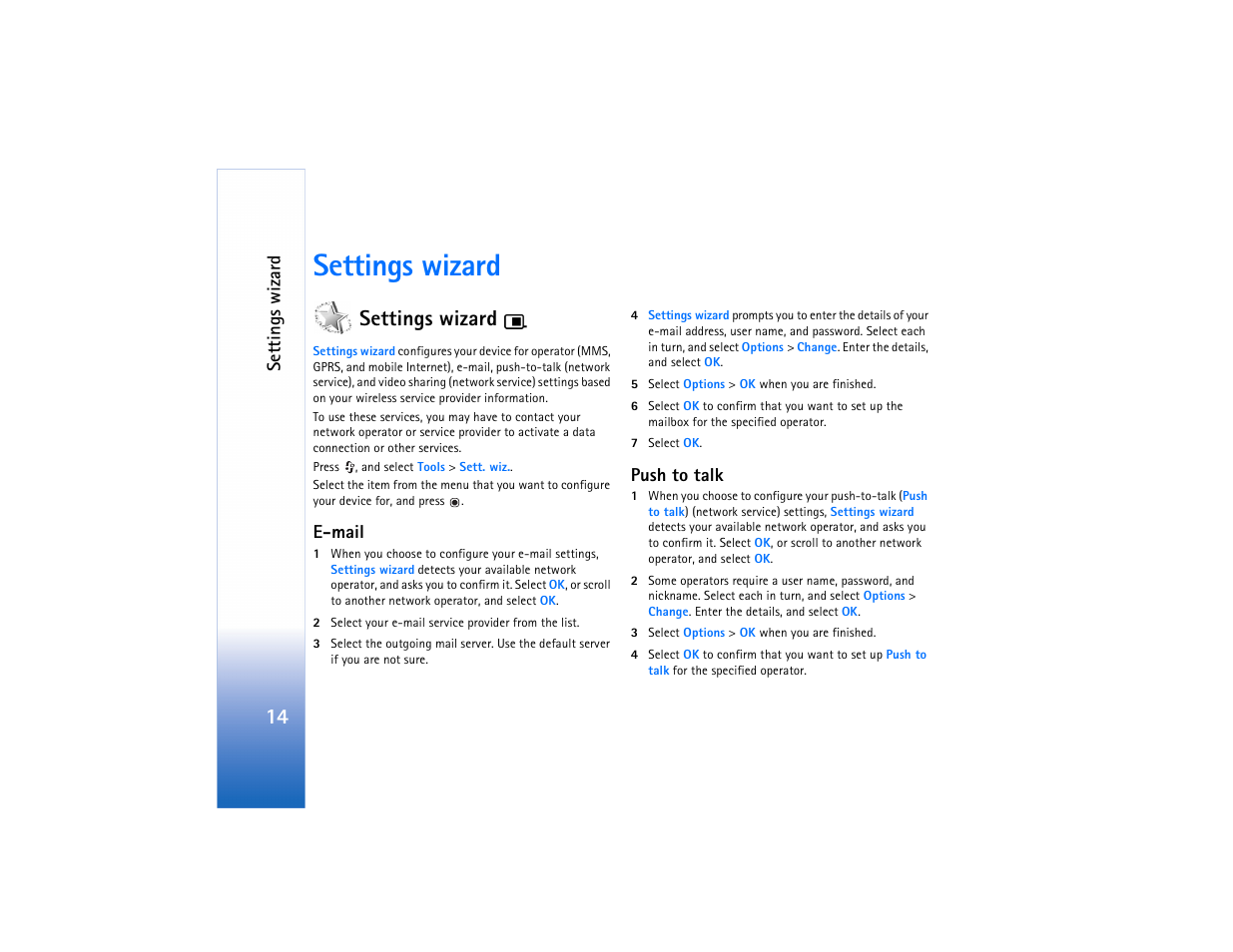 Settings wizard, Se ttings wizard, E-mail | Push to talk | Nokia N75 User Manual | Page 14 / 24