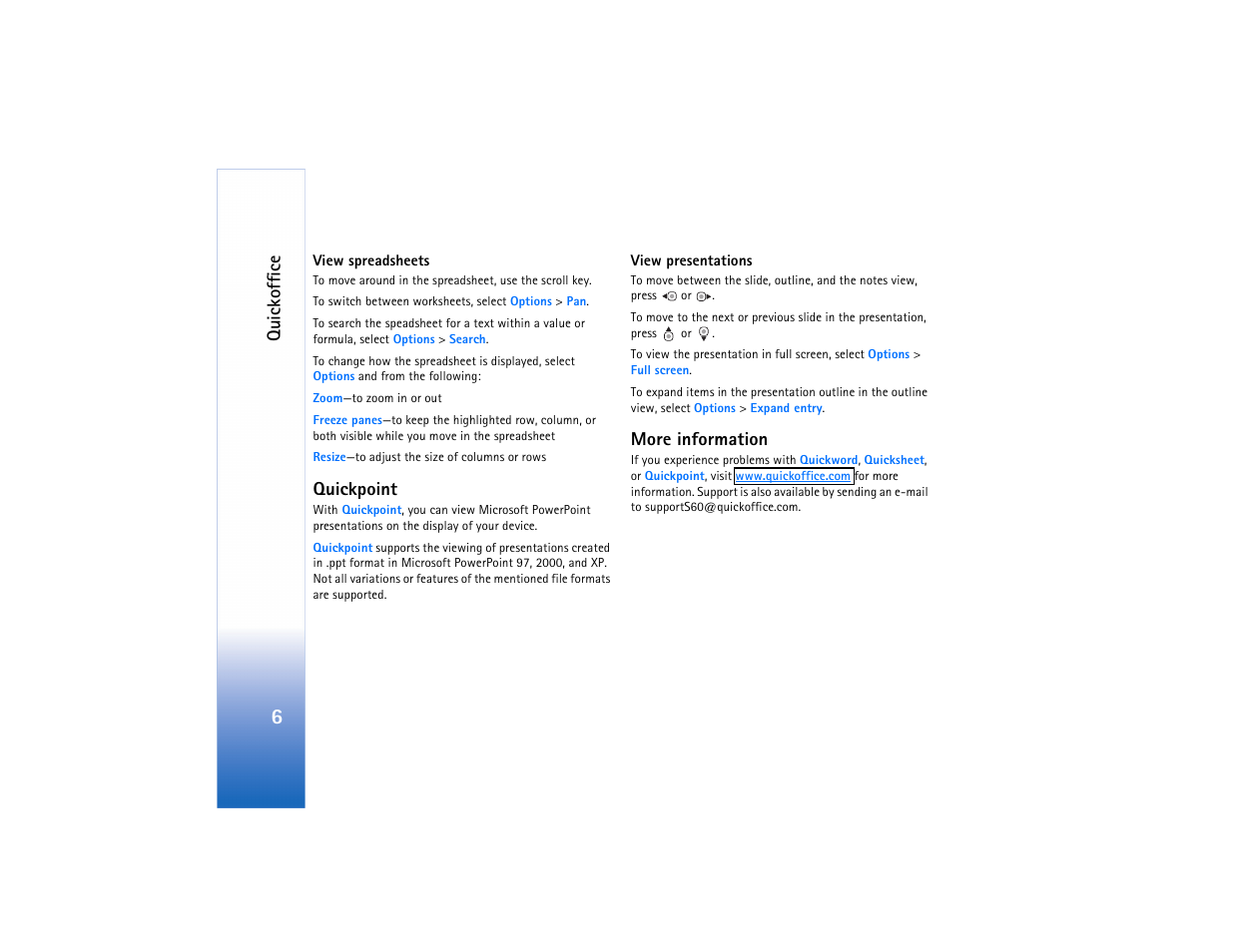 Quickoffice, Quickpoint, More information | Nokia N75 User Manual | Page 6 / 24