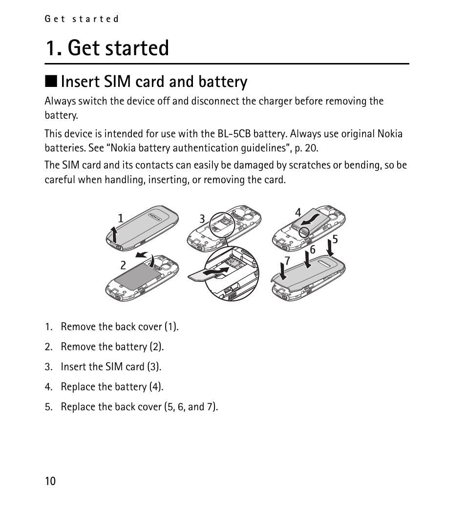 Get started, Insert sim card and battery | Nokia 1616 User Manual | Page 10 / 28