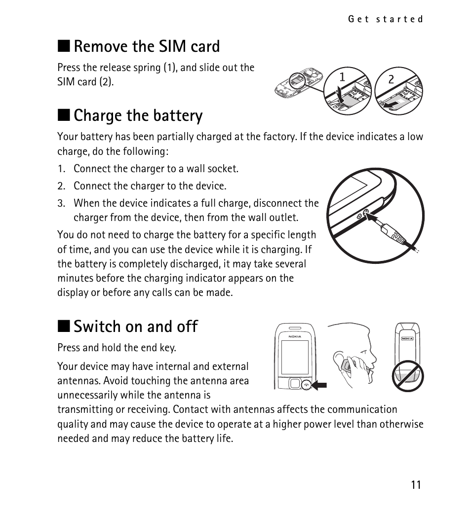 Remove the sim card, Charge the battery, Switch on and off | Nokia 1616 User Manual | Page 11 / 28