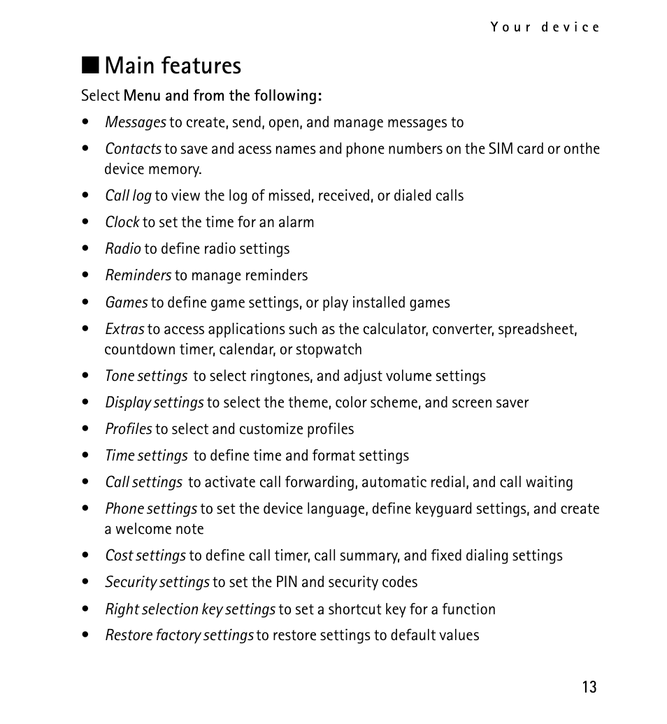 Main features | Nokia 1616 User Manual | Page 13 / 28